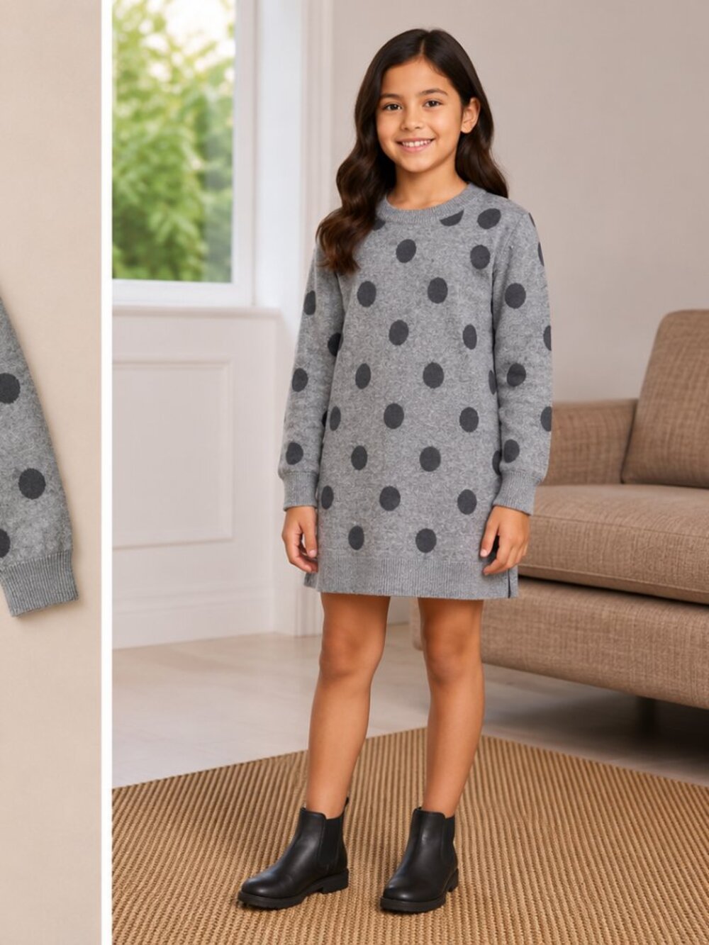 Sfera Girls Grey Polka Dot Sweater Dress Long Sleeve Size 6/7